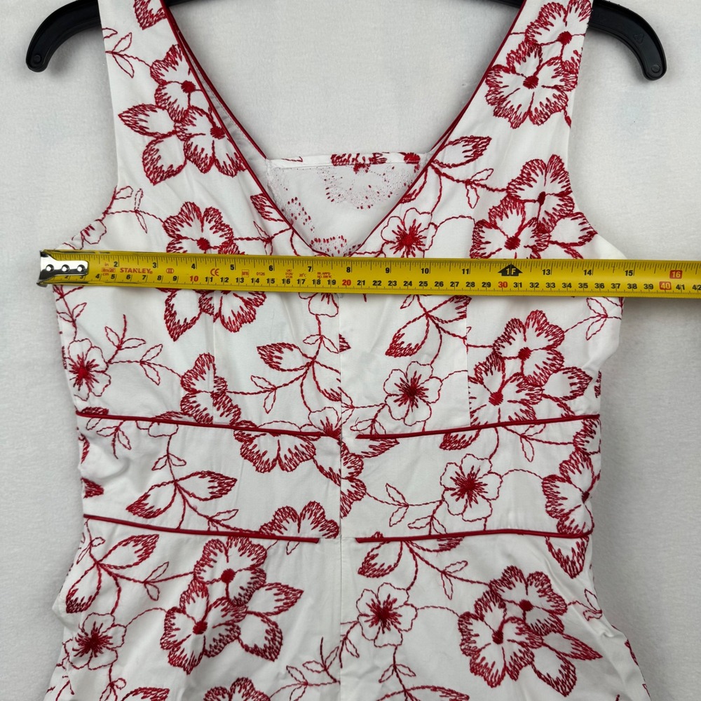 Mica Vintage White Dress Red‎ Floral Embroidered Sleeveless V Neck Summer Party - Picture 6 of 8